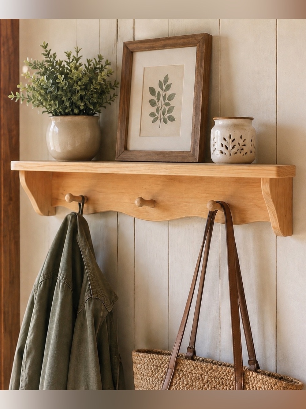 Wooden Wall Shelf With 3 Peg Hooks Natural Wood Entryway Coat Key Display Shelf